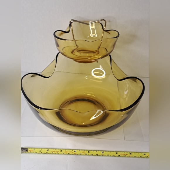 Vintage Chip-n-Dip Anchor Hocking Chip and Dip Bowl Set amber glass. - Picture 2 of 7